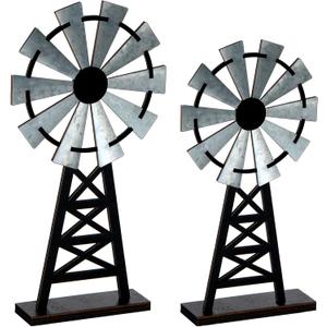 Yalikop Set of 2 Wooden Farmhouse Windmill Table Top Decor Wood Small Distressed Black Grey Rustic Windmill Themed Table Decor for Kitchen Garden Home