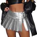 WDIRARA Women's Metallic Split Side Low Rise Drop Waist Pleated Short Skirt, L
