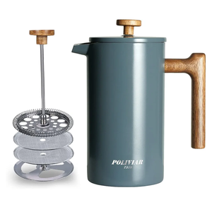 POLIVIAR French Press Coffee Maker, 34 oz Coffee Press with Real Wood Handle, Double Wall Insulation & Dual-Filter Screen, Food Grade Stainless Steel for Good Coffee and Tea (Alpline)