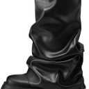 VOMIRA Women's Fold Over Boots Slouchy Boots Wide Calf Pleated Platform Boots Glitter Metallic Silver Boots Chunky Stacked Boots Mid Calf Boots (9.5, 2black)