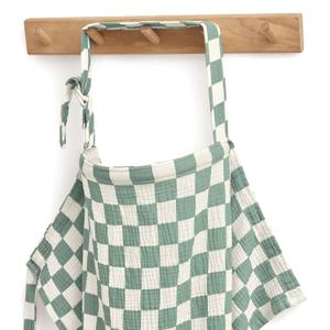 Blissful Diary Muslin Nursing Cover for Breastfeeding, Breathable Breastfeeding Cover up with Arch Neckline for Women, Nursing Apron (Sage Checkboard)