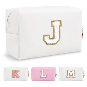 Personalized Initial A-Z Preppy Patch Makeup Bag,Waterproof PU Chenille Letter Travel Cosmetic Pouch with Zipper,Cute Toiletry Organizer Bag,Gift Ideal for Women Teacher Bridesmaid,Letter J