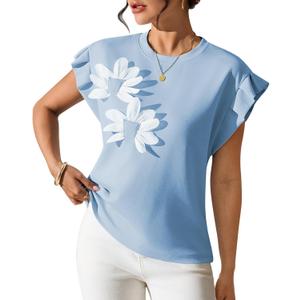 Pink Queen Womens Summer Tops 2026 Fashion Floral T Shirts Ruffle Cap Sleeve Casual Blouses (Blue, S)