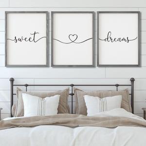 Set of 3 Framed Farmhouse Sweet Dreams Sign 11x14 Above Bed Wall Decor for Bedroom Decor Wall Art Wood Signs (11"x14", Gray)