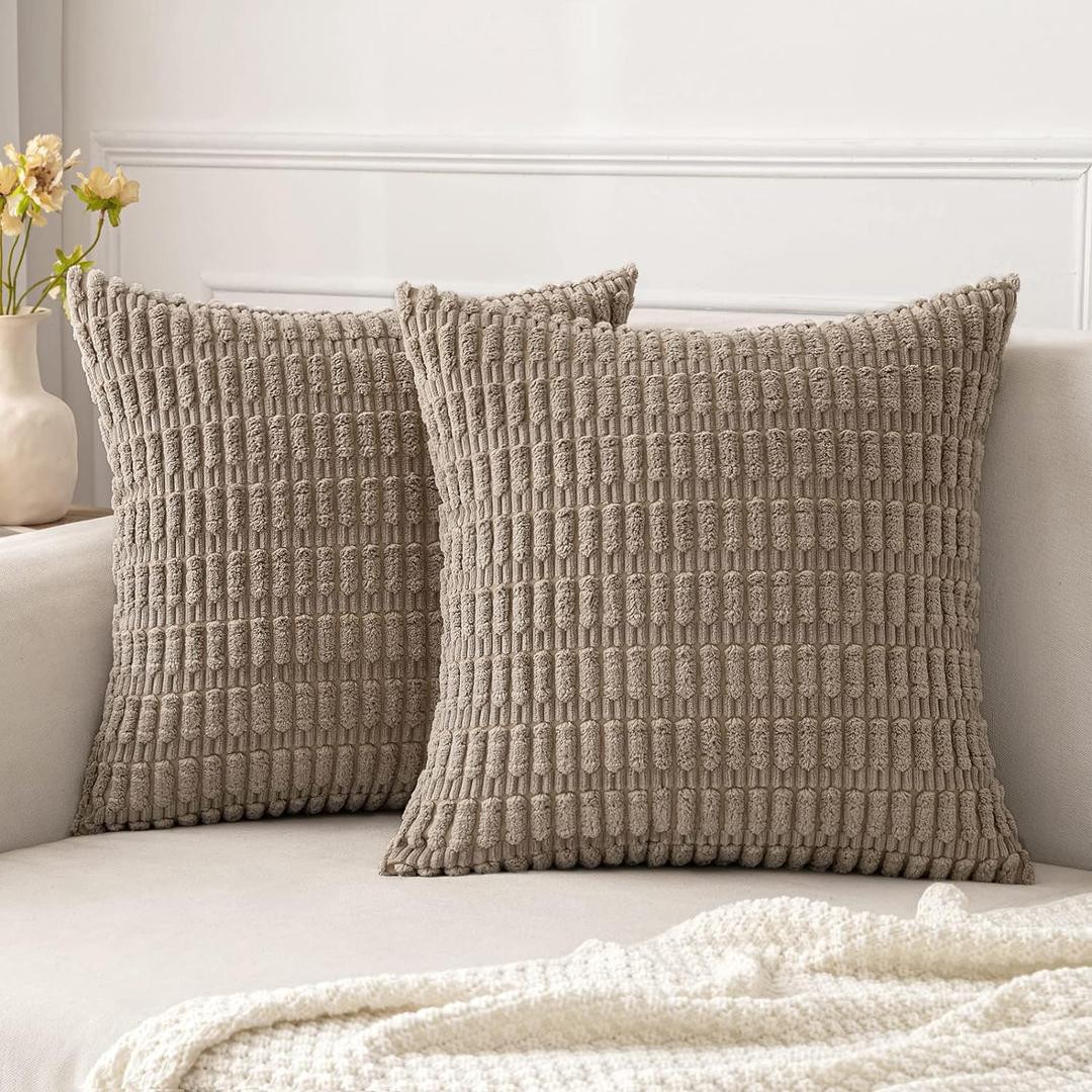 MIULEE Pack of 2 Corduroy Decorative Throw Pillow Covers 20x20 Inch Soft Boho Striped Pillow Covers Modern Farmhouse Home Decor for Sofa Living Room Couch Bed Light Brown