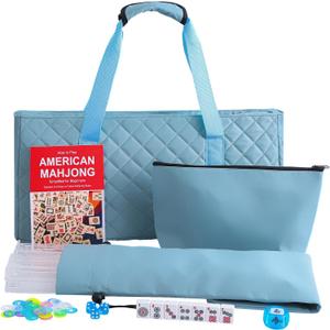 Jongyance American Mahjong Set with Light Blue Carrying Bag, 166 White Tiles, 4 Racks with Pushers, Mahjong Tiles Set for Beginners