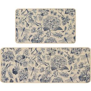Baccessor Blue Hydrangea Kitchen Mats Set of 2, Spring Summer Flowers Kitchen Rugs for Floor Non Slip Absorbent Low-Profile Seasonal Farmhouse Home Decor 17x29 and 17x47 Inch