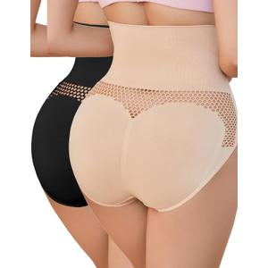 Tummy Control High Waist Shapewear Underwear Mesh Hollow Out Shaping Briefs Body Shaper Panties for Women (Large, Black+beige)