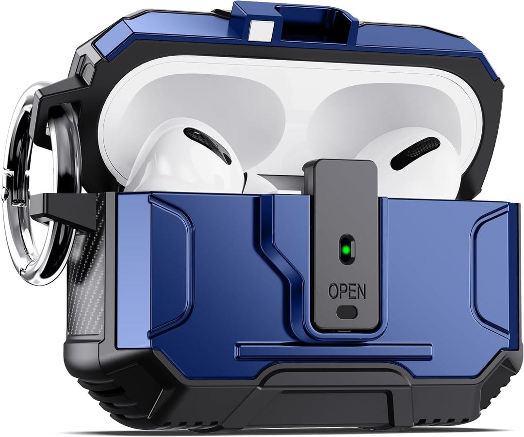 DASFOND Armor Earphone Cover Case for AirPods Pro 2, Military Grade Full Body Shockproof Protection Hard Case, Support Wireless Charging with Keychain, Magnetic Lid, Front LED Visible, Blue