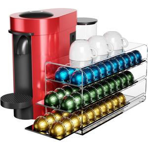 Acrylic Coffee Pod Drawer for Nespresso Vertuo Capsules, 3 Tier 60 Capacity Pods Organizer for Countertop Coffee Bar Home Office Kitchen