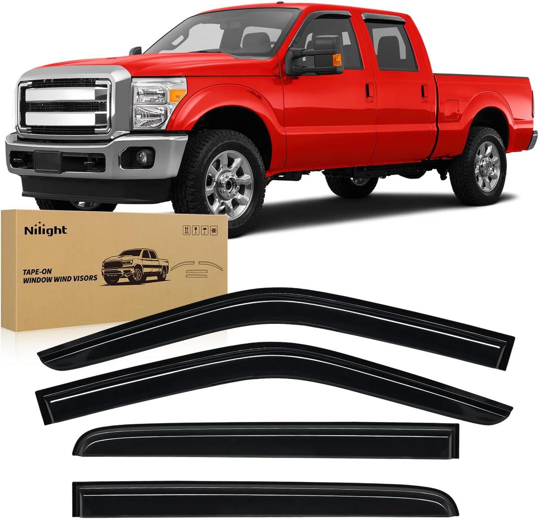 Nilight Tape-On Window Visors for Ford F250/F350/F450/F550 Super Duty 19992016 Crew Cab Only, Rain Guards, Vent Shades, Wind Deflectors, Reduce Wind Noise, Smoke Tint, 4PCS