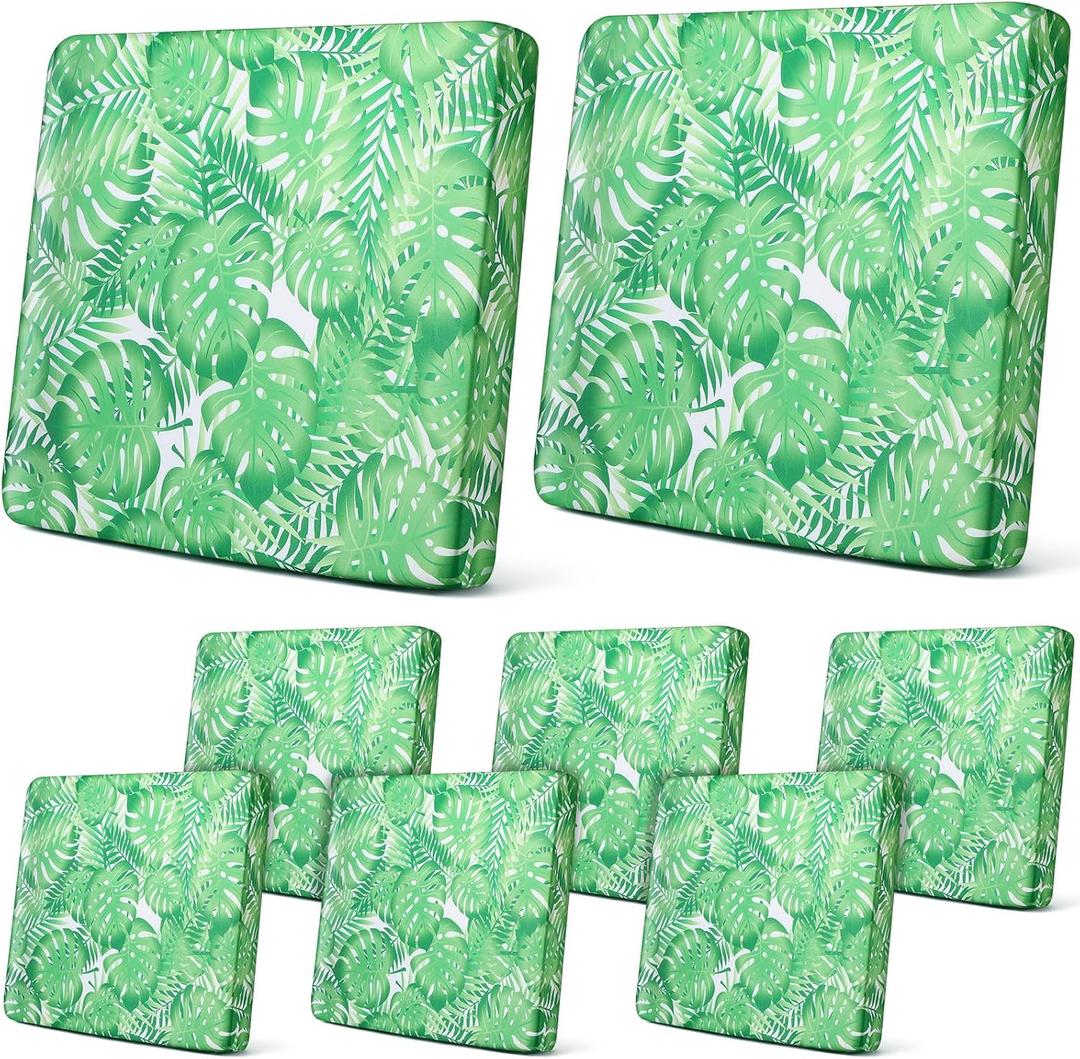 Newwiee 8Pcs Patio Cushion Covers Stretch Outdoor Cushion Cover Replacement for Patio Furniture Sofa Couch Slipcovers, Soft Flexibility Washable Furniture Protector(Monstera,Green)