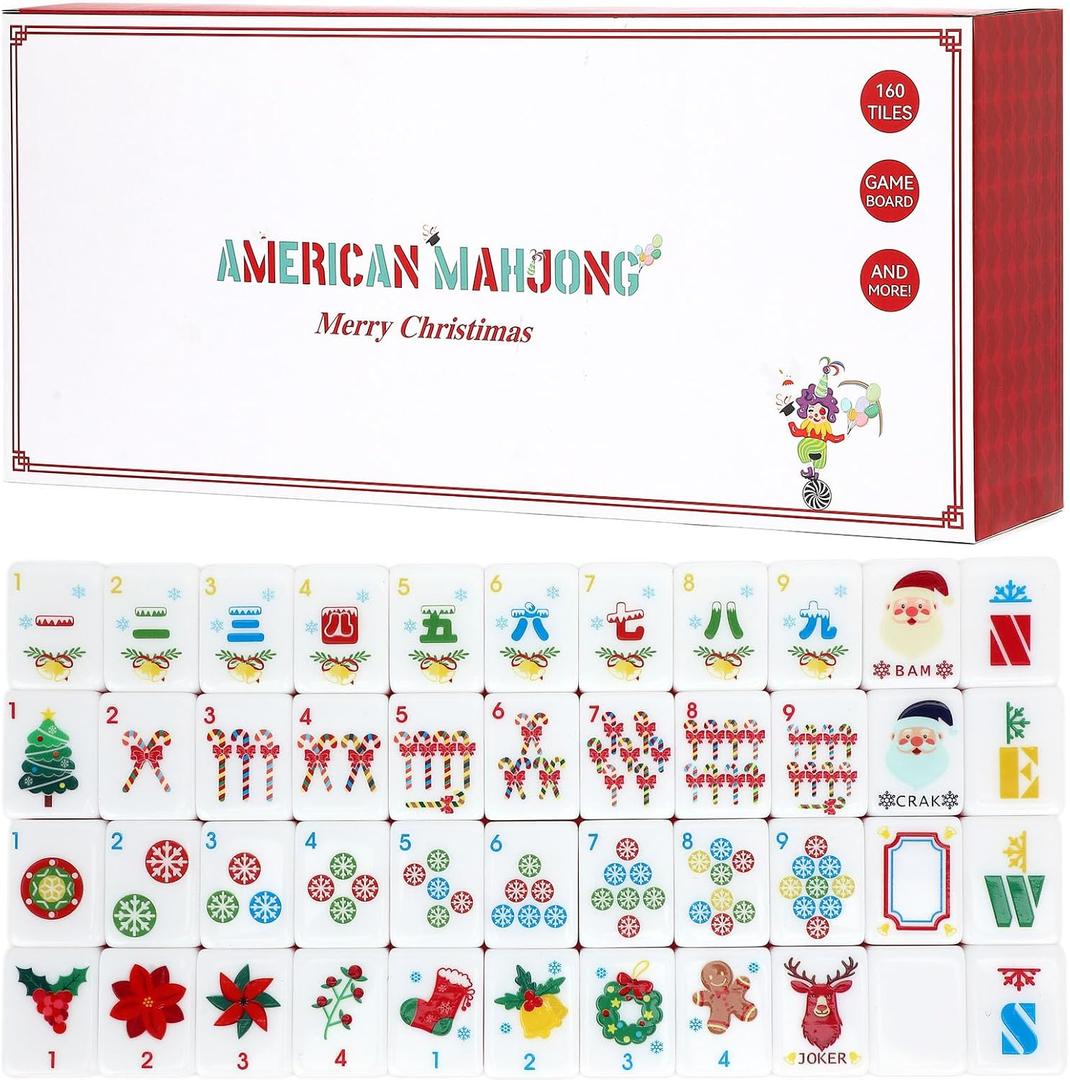 American Mahjong Tile Set(Christmas Theme) with Carrying Bag and Accessories, 160 Acrylic Engraved Mahjong Tiles with Racks with Pushers, Mahjong Tile Set for Family Friends