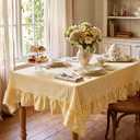 Mindsoft Yellow Striped Ruffled Tablecloth 70 x 52 Inches Cotton Linen Rectangle Striped Table Cloth Classic Farmhouse Vintage Table Cover Decorative Pattern for Holiday Party