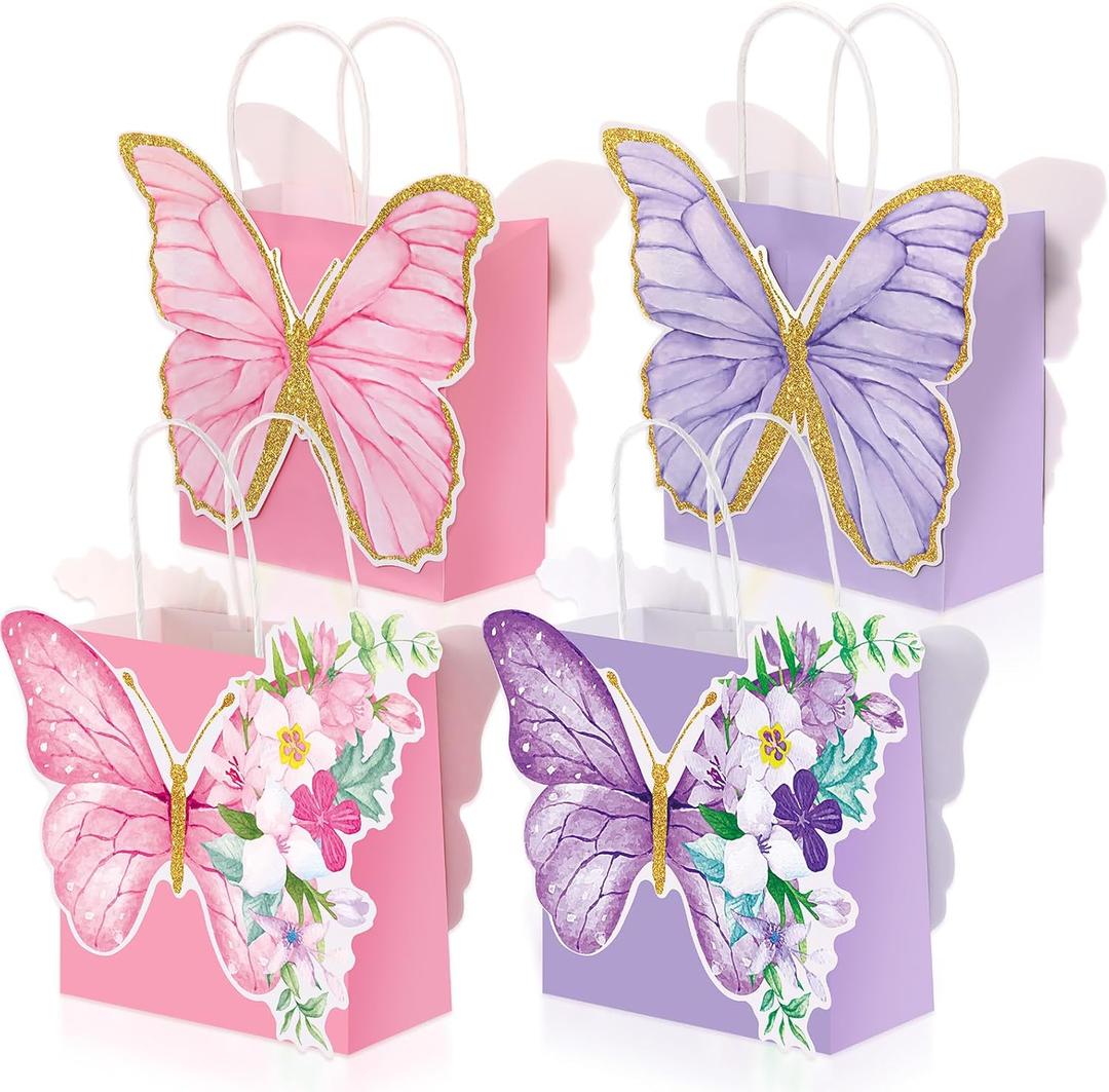 MotiMind 24 Pcs Butterfly Party Favor Bags with Handles Pink Purple Butterfly with Flower Goodies Gift Paper Treat Candy Bags for Birthday Party Bridal Showers Supplies