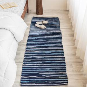 HOMEMONDE Hand Woven Rag Runner Eco Friendly Cotton Reversible Recycled Kitchen Outdoor Bathroom Navy, Size 6 Ft