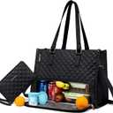 LOVEVOOK Lunch Tote Bag for Women, 15.6 Inch Laptop Bag with Insulated Lunch Compartment, Quilted Large Capacity Computer Handbag with Purse for Business, Work, Nurse, Office, Collage, Casual, Black