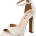 TEAIEUI Pearl Platform Heels for Women, Peep Open Toe Block Heeled Sandals