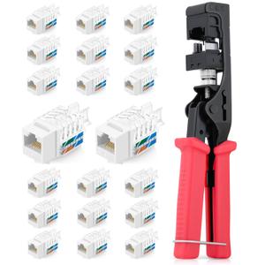 Everest easyJACK - 45 Angled Speed Termination Keystone Tool Set - with 20-Pack of RJ45 Cat6A Keystone Jacks in White (Slim Profile Design) - Time Saver Network Punch Down Tool Cat6A