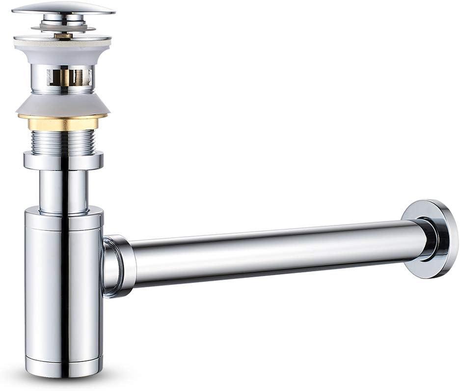 MENATT Bottle Trap Deodorant Type with 1 1/4" Pop-up Drain Stopper, Round P-Trap Waste Pipe Kit Assembly, Bathroom Sink Siphon Drainer Plumbing Tube Chrome Finished