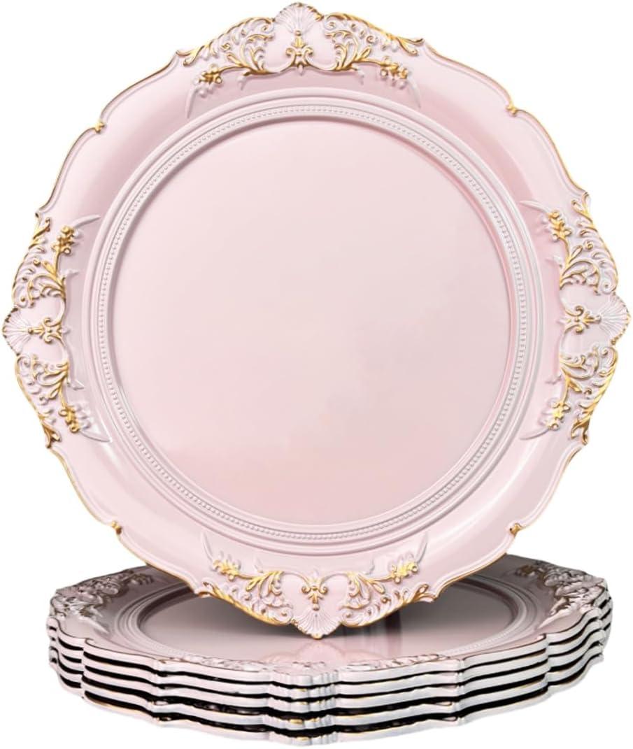 Pink Charger Plates, 13 Inch Embossed Chargers for Dinner Plates. Plastic Charger for Wedding, Party. (Set of 6)