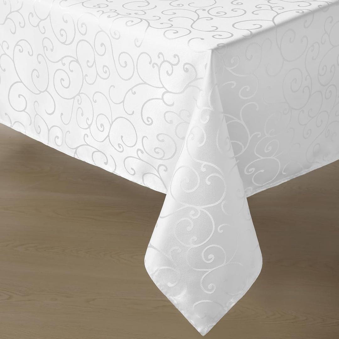 Romanstile Jacquard White Rectangle Tablecloth, Waterproof Elegant Damask Curly Floral Pattern Table Cloth, Washable Decorative Polyester Table Cover for Kitchen/Dining/Parties - 60 x 84 Inch