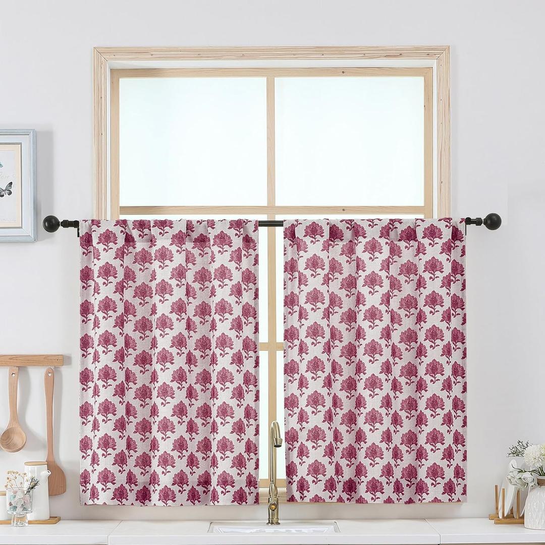 Chyhomenyc Flower Kitchen Curtains 30 Inch Length - Light Filtering Faux Linen Small Half Window Curtains Over Sink, Modern Farmhouse Curtain Tiers for Bathroom Basement, 30Wx30L, 2 Pieces, Burgundy