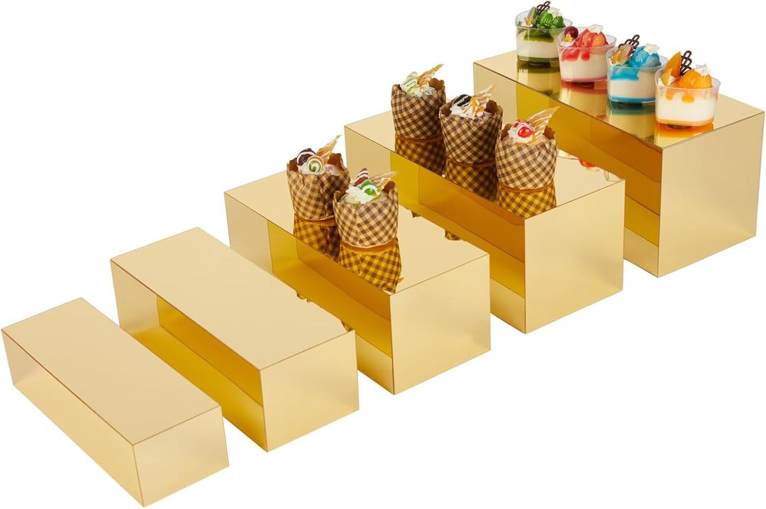 Acrylic Food Display Risers, Gold Risers Boxes 5Pcs Rectangular Display Stand Shelf Buffet Risers for Catering Dessert Buffet Table, Parties, Weddings, Collectibles Shoes Display(5pc)