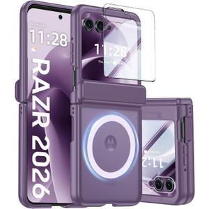 Magnetic for Motorola Razr 2026 Case with Hinge Protection, Screen Protector, Compatible with MagSafe,Skin Feel Translucent Frosted, Shockproof Slim Cover for Moto Razr 2026-Purple