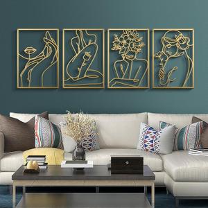 Bakovity Gold Metal Wall Art, Abstract Flower Line Sculpture, Gold Minimalist Modern Wall Decor for Living Room, Bedroom, Bathroom (4 Pieces, 17 x 12 Inches) (Gold Elegant Style)