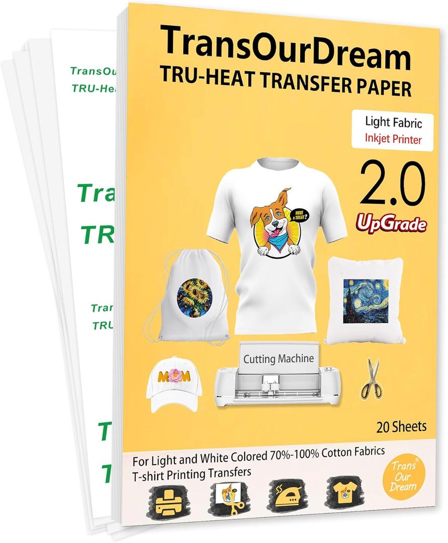 TransOurDream Upgraded Iron on Heat Transfer Paper for T Shirts (20 Sheets, 8.5x11) Iron on Transfers for Light Fabric Printable Heat Transfer Vinyl for Inkjet Printer (TOD-4)