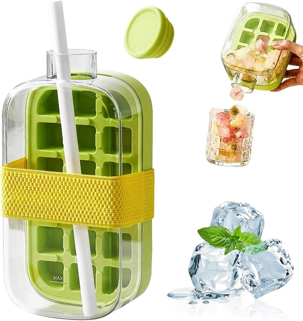 Ice Cube Bottle, 2 in 1 Zero Touch Press Ice Cube Mold Water Bottle with Lid and Bin, Ice Bottle Cup, Ice Cube Making Bottle with Lid for Freezer, Travel, Gym & Home Use