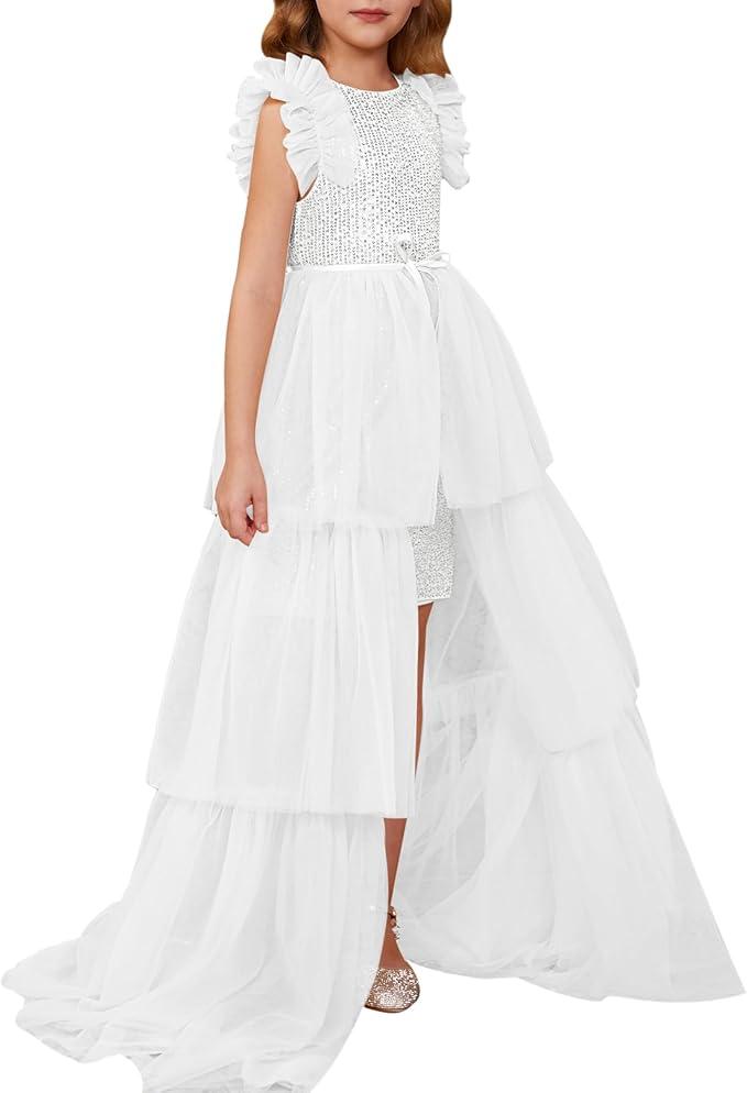GRACE KARIN Girls Sequin Dress Formal Pageant Sparkle Party Ruffle Prom Maxi Dress Size 7-14Y