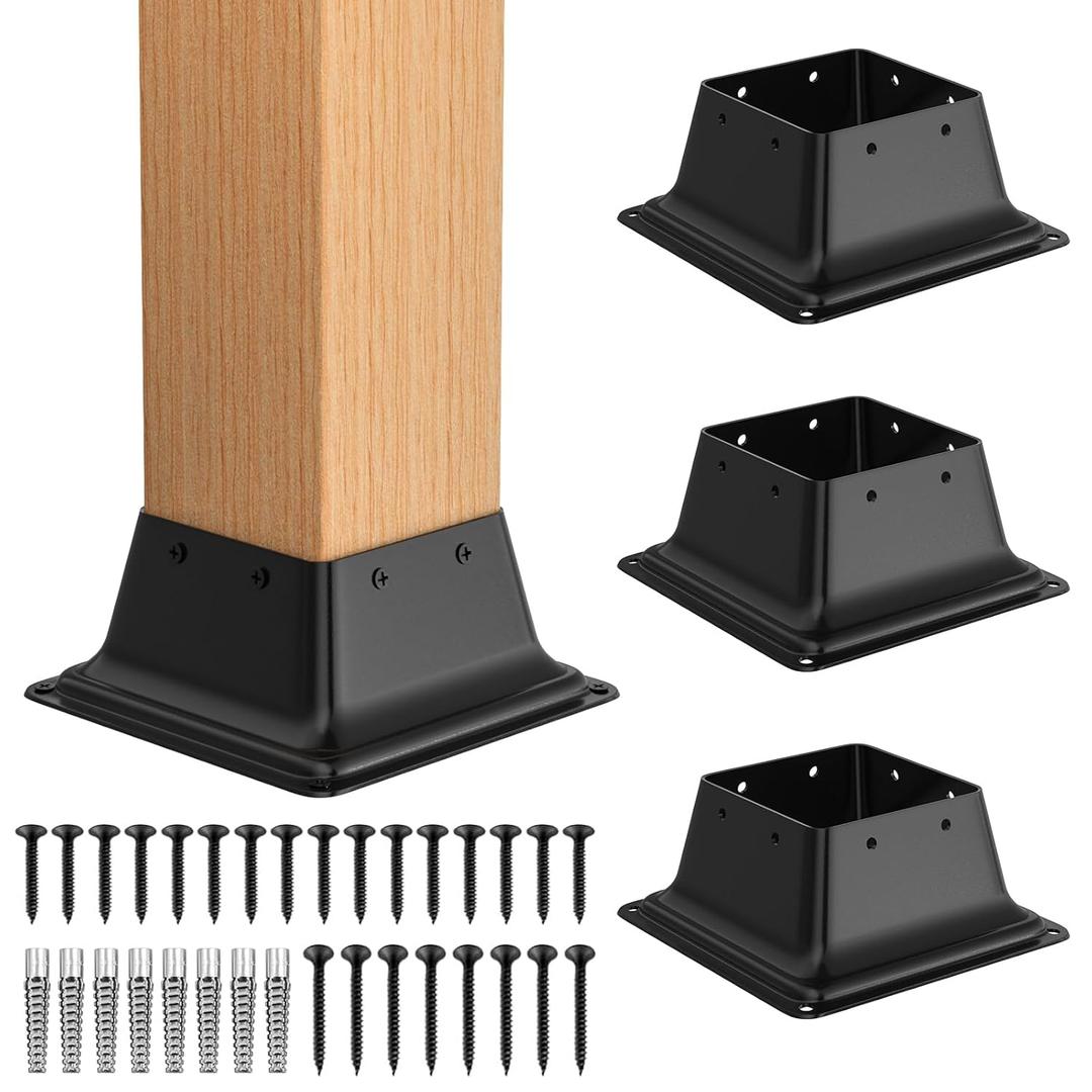 FMhotu 4x4 Post Base 4Pcs, Internal 3.6"x3.6" Heavy Duty Powder-Coated Steel Post Bracket Fit for Standard Wood Post Anchor, Decking Post Base for Deck Porch Handrail Railing Support with Screws