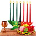 Mumufy 12 Pcs Kwanzaa Kinara Set Include 3 Red 3 Green 1 Black Candles Double Sided Wooden Candle Holder Wine Glasses Basket Bamboo Table Mat Kente Cloth for Kwanzaa Celebration Decoration(Classic)