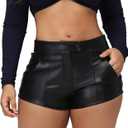 Women's Micro Faux Leather Shorts Low Rise Waist Stretch Black Mini Hot Shorts Rave Club Party (Black, XXL)