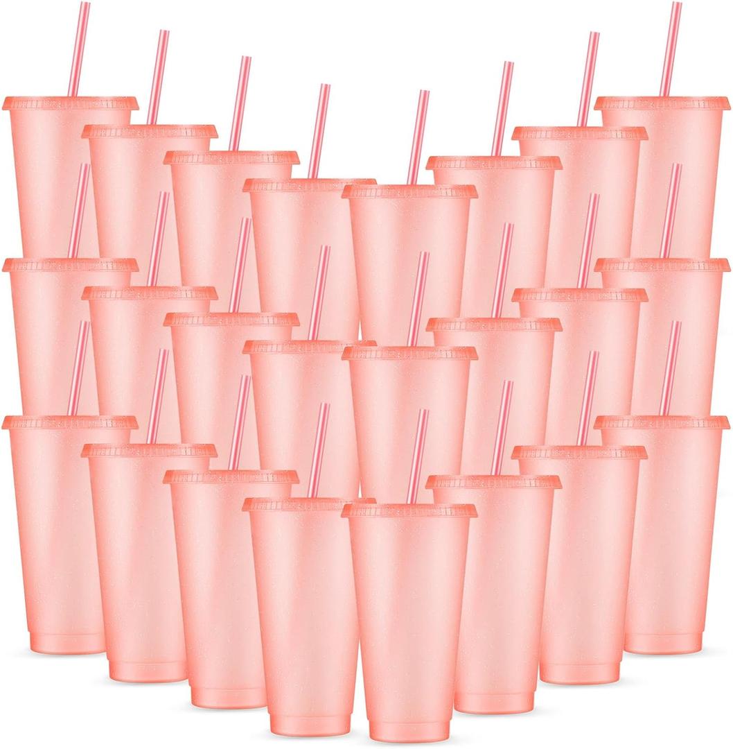Amyhill 24 Pcs Reusable Cups with Lids and Straws 24 oz Glitter Iced Coffee Tumbler Plastic Travel Mug Cup for Smoothie Juices Birthday Sleepover Party Supplies for Girls(Light Pink)