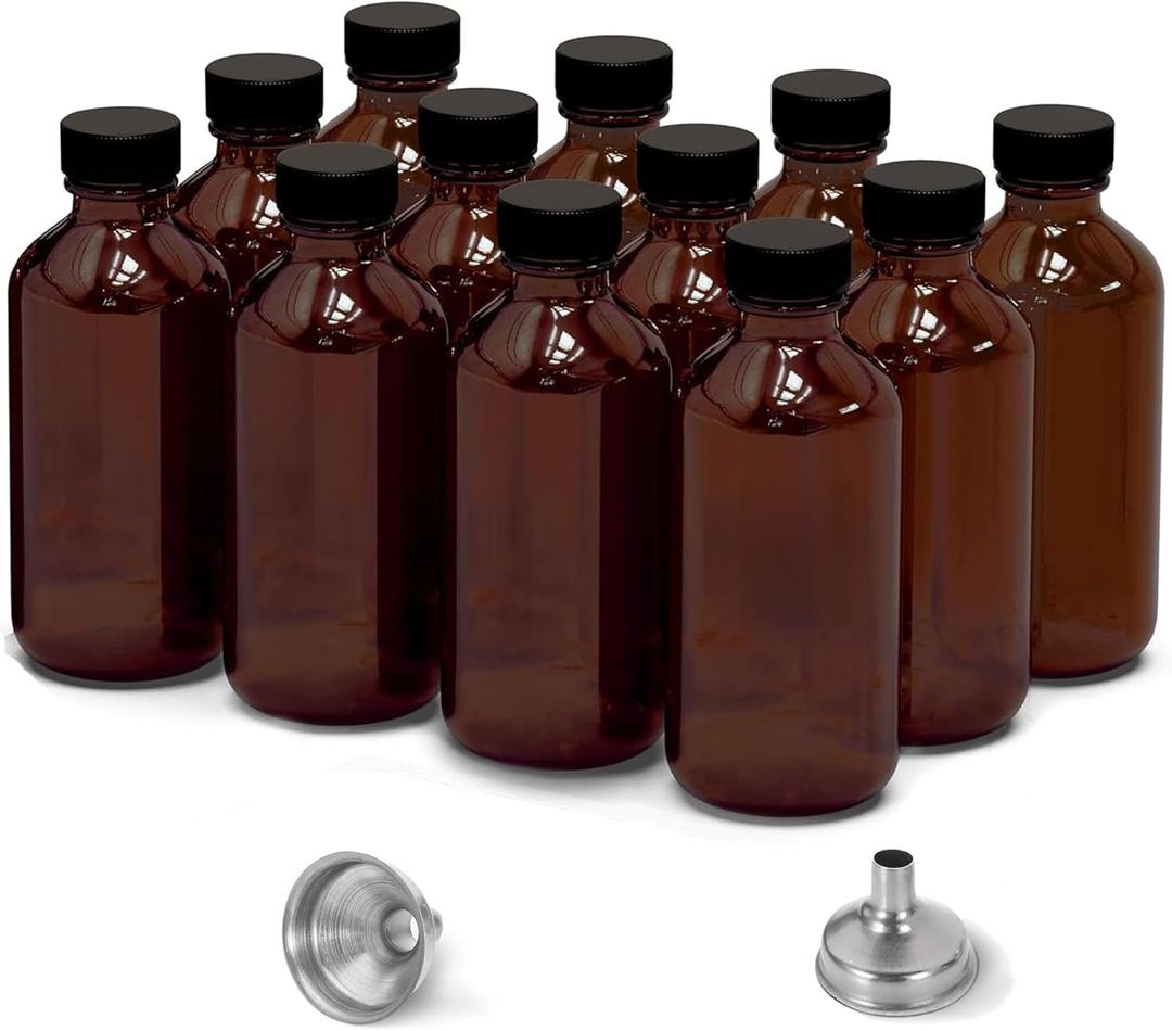 12 Pack 2oz Amber Glass Bottles for Vanilla Extract, Boston Round Leak-Proof Brown Glass Jars with Caps, Bonus Funnel - Ideal for Homemade Extracts, Essential Oils, DIY Christmas Party Gift Supplies