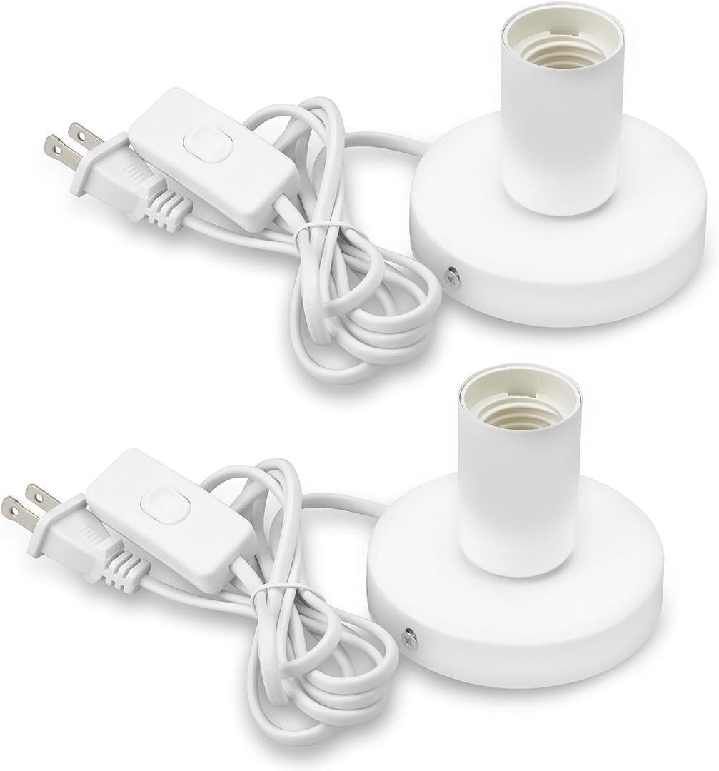 Bestview Polished Metal Desktop Lamp Base, Small Industrial Table Lamp Base Only, Simple E26/E27 Screw Light Socket Edison Bulb Holder Base,5.57ft Cord On/Off Switch US Plug (White,2 Pack)