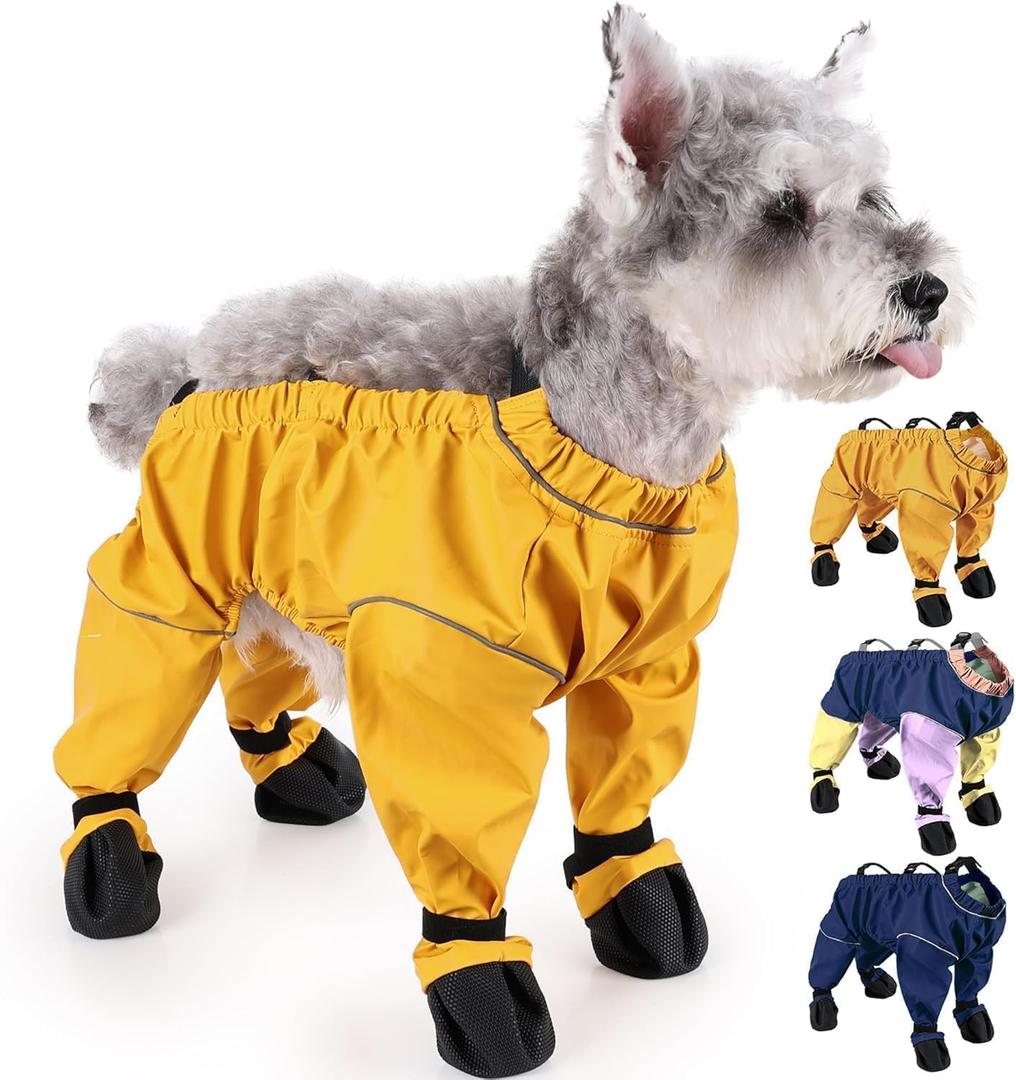 Waterproof Dog Boots Rain Boots with Suspender, Dogs Shoes Paw Protector for Small Medium Puppy, Anti-Slip Doggy Boot Belly Protector, Rain Booties Snow Booties (Large, Yellow f)
