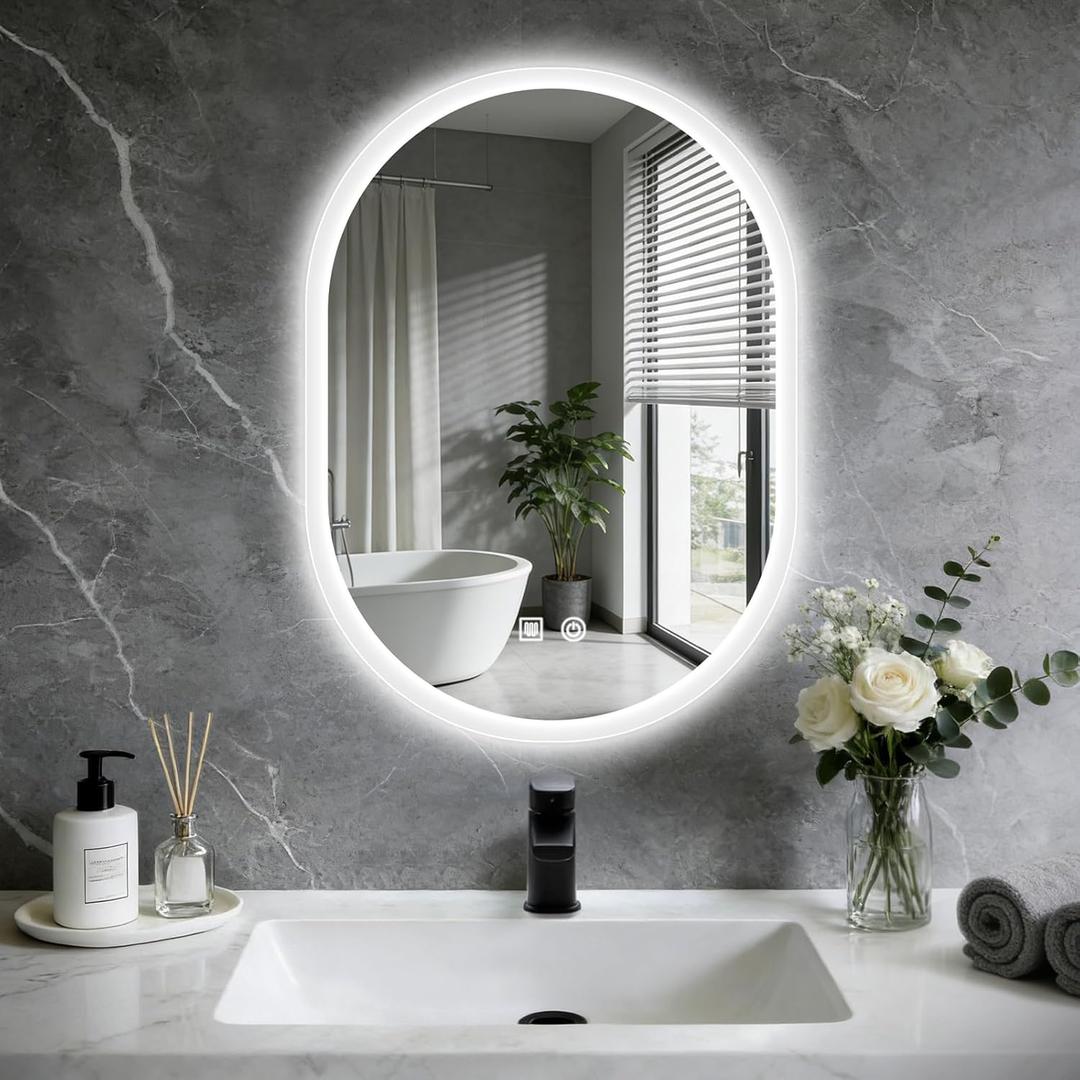16x24 LED Bathroom Mirror with Lights Oval, Lighted Bathroom Vanity Mirror for Wall, Front Lit and Backlight, Anti-Fog, 3 Color Dimmable, Vertically Only