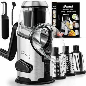 Joined Rotary Cheese Grater with Handle - Mandoline Slicer with 3 Stainless Steel Drum Blades-Vegetable Slicer Walnuts Grinder Cheese Shredder Round Mandoline with Peeler (Large)