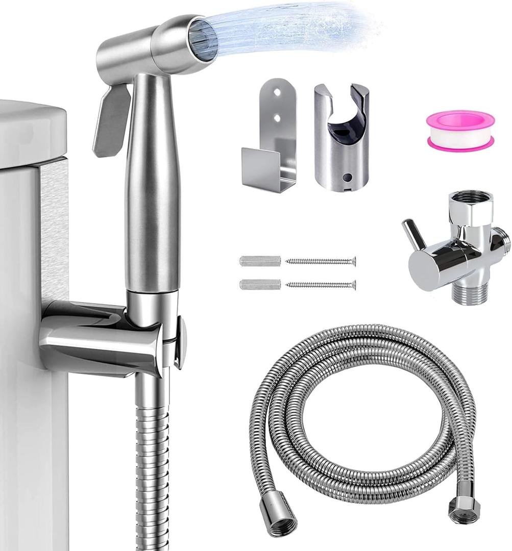 Handheld Bidet Sprayer Kit-Stainless Steel Douche Muslim Shower Spray with Hose Bidet Holder Valve for Toilet Cleaning, Pet Bath, Personal Hygiene (Includes T-Adapter)
