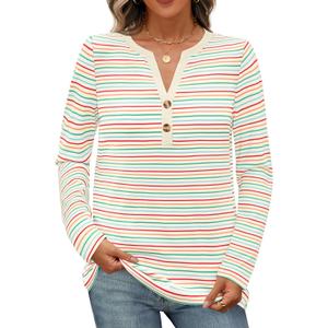 MEROKEETY Women's Fall Long Sleeve Striped Henley Tops V Neck Dressy Casual Loose Shirt 2025 Trendy Blouse (L)