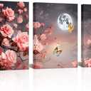 SkenoArt 3 Piece Romantic Rose Wall Art Pink Rose Flower Night Full Moon Landscape Framed Nature Floral Painting Ready to Hang for Bedroom Decor