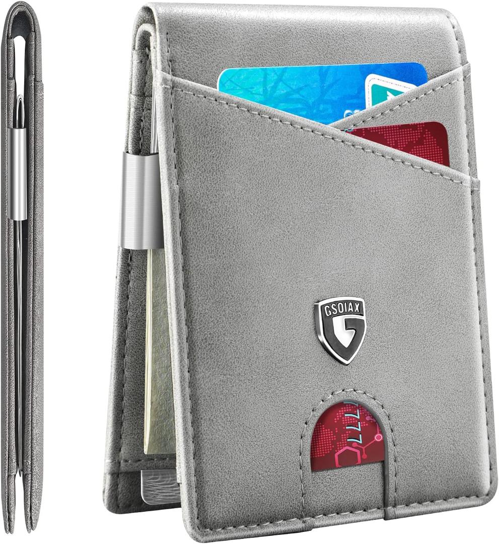 GSOIAX Slim Leather RFID Bifold Wallet for Men with Money Clip and 12 Credit Card Holders - Manimalist Front Pocket Wallet with ID Window, Cool Groove Design, Gift Box included(Retro Grey)