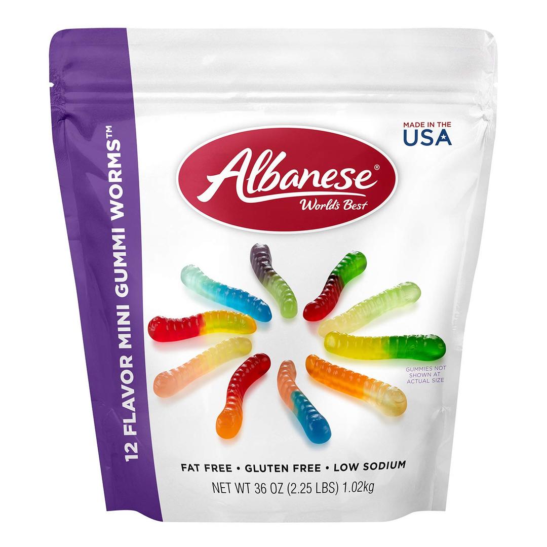 Albanese World's Best 12 Flavor Mini Gummi Worms | 36oz Bag of Gummy Candy (EXP 07/10/26)