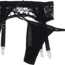 comeondear Women Floral Lace Garter Belt with Thong Plus Size Suspender Belt Set with 4 Straps Metal Clip for Stockings (Black, S)