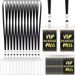 Gueevin 50 Sets VIP Badge Lanyards with Plastic VIP Pass Cards Black and Gold Pass Cards Safety Clear Plastic Badge Holder Black Lanyards for Backstage Party Concert Event