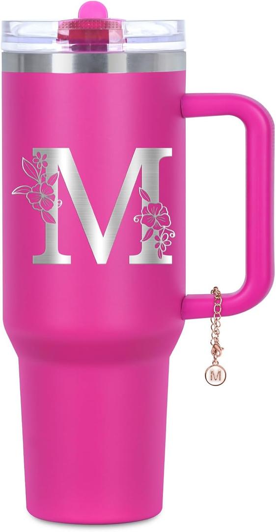 Tswofia Personalized 40 oz Monogrammed Tumbler with Handle & Flip Straw, 100% Leak Proof stainless steel Insulated Tumbler, Customized Initial Funny Gifts for Women Mom Sisters Coworker, M